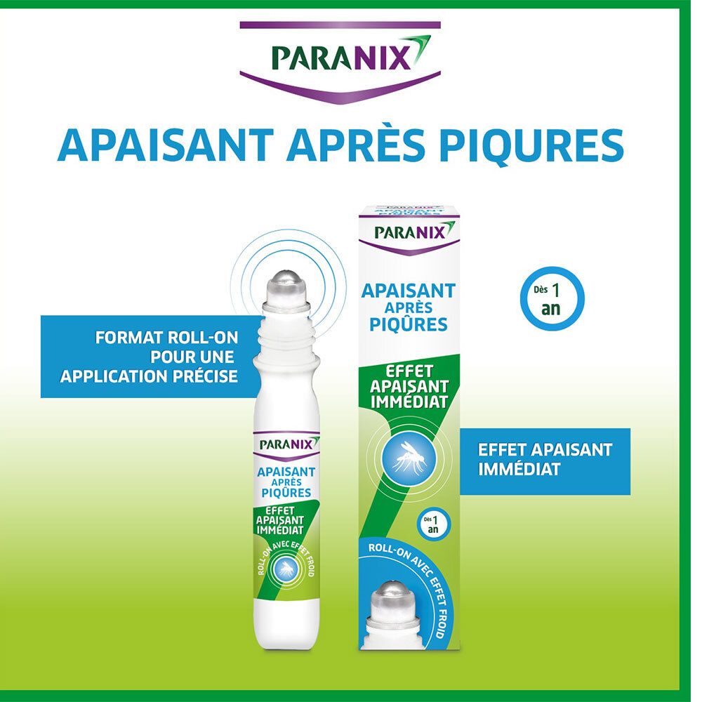 Produit et emballage. Inscription: Paranix, Apaisant Après Piqûres. Applicateur roll-on.
