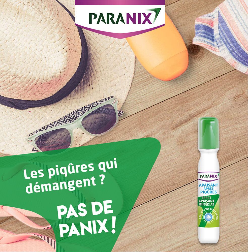 Produit et accessoires sur surface en bois. Inscription: Paranix, Apaisant Après Piqûres.