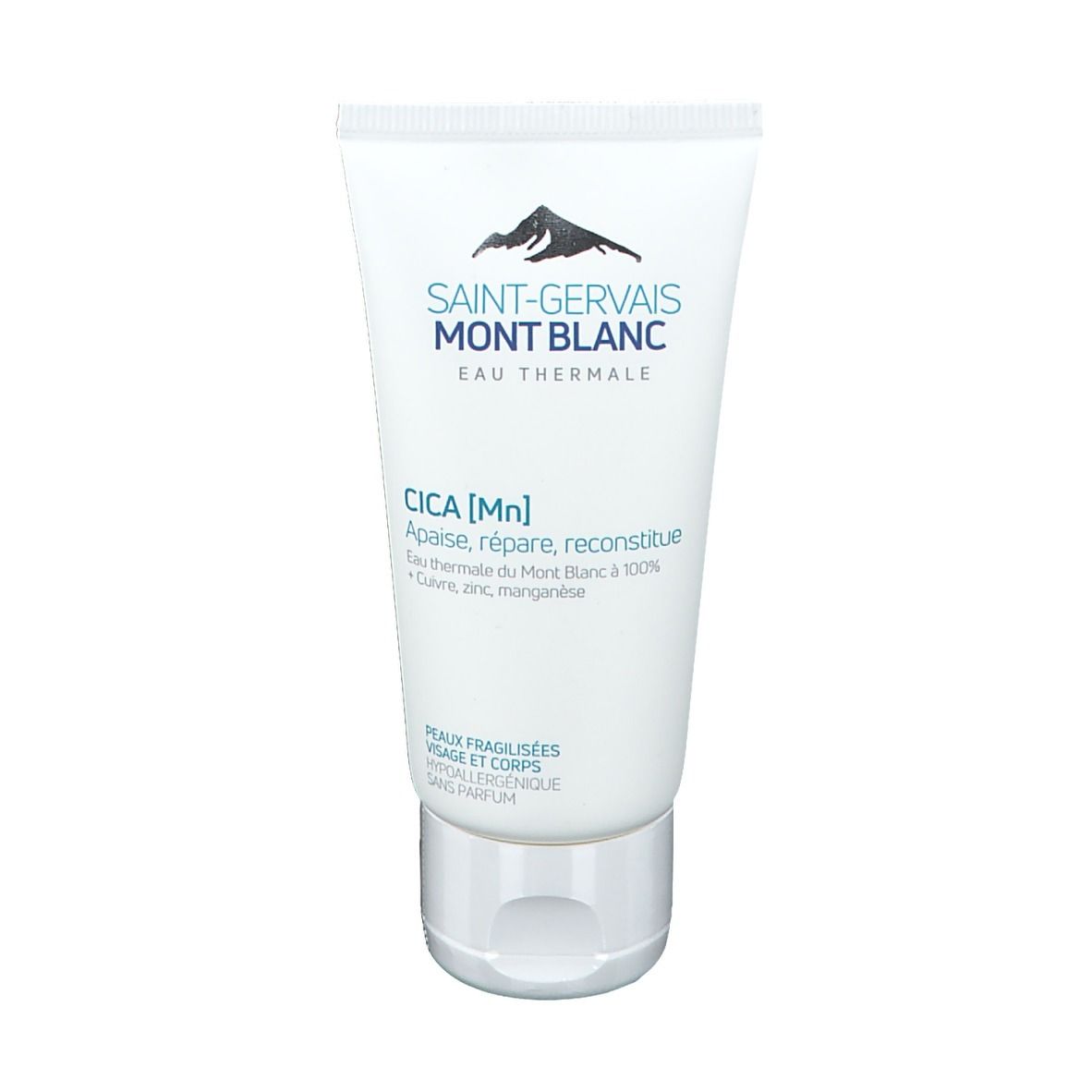 Tube blanc avec texte. Marque: Saint-Gervais MONT BLANC. Texte: CICA [Mn]. Pour visage et corps.