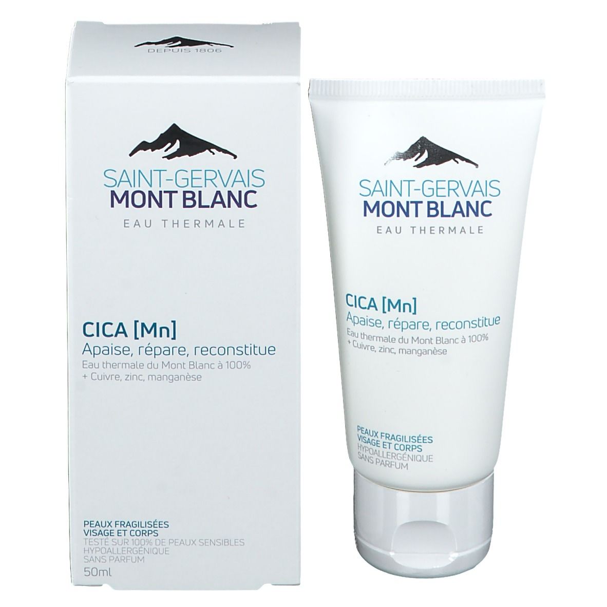 Produit et emballage. Tube et boîte. Marque: Saint-Gervais MONT BLANC. Texte: CICA [Mn].