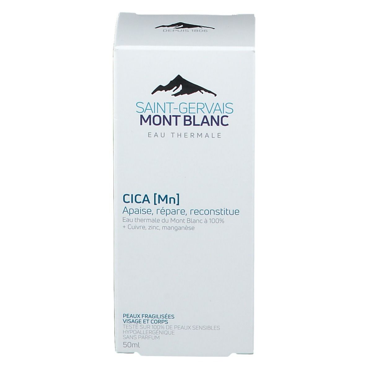 Emballage. Marque: Saint-Gervais MONT BLANC. Texte: CICA [Mn]. Pour visage et corps.