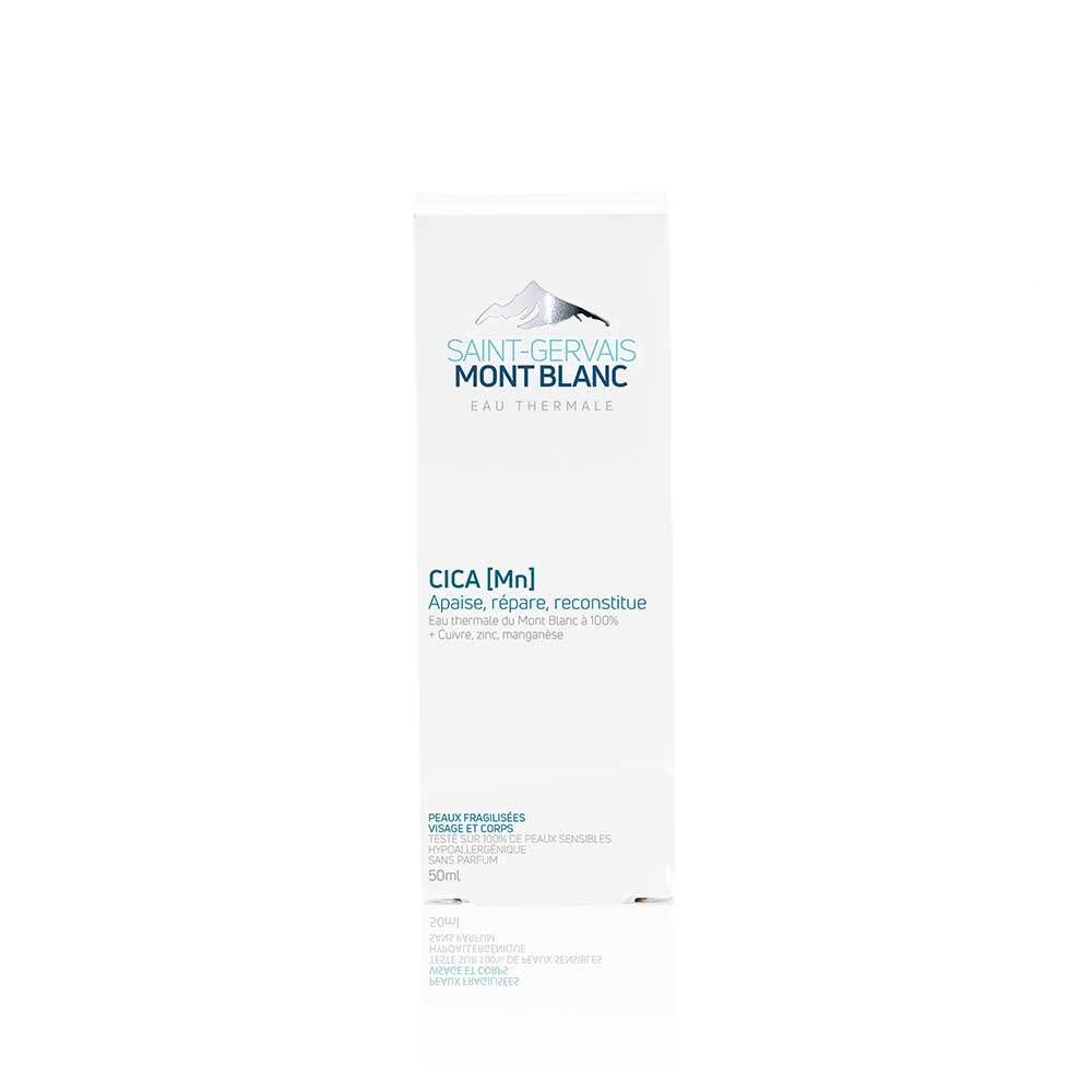 Emballage blanc avec texte. Marque: Saint-Gervais MONT BLANC. Texte: CICA [Mn]. Pour visage et corps.
