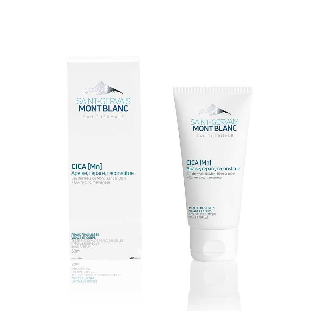 Produit et emballage. Tube et boîte. Marque: Saint-Gervais MONT BLANC. Texte: CICA [Mn]. Pour visage et corps.