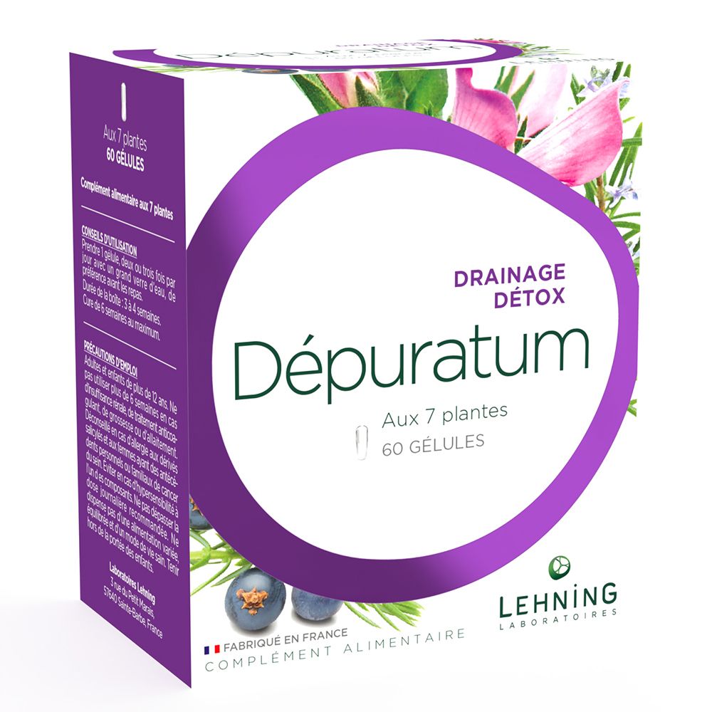 Boîte de compléments alimentaires. Texte: Drainage Détox, Aux 7 plantes, 60 gélules. Logo Lehning. Design floral et éléments violets.