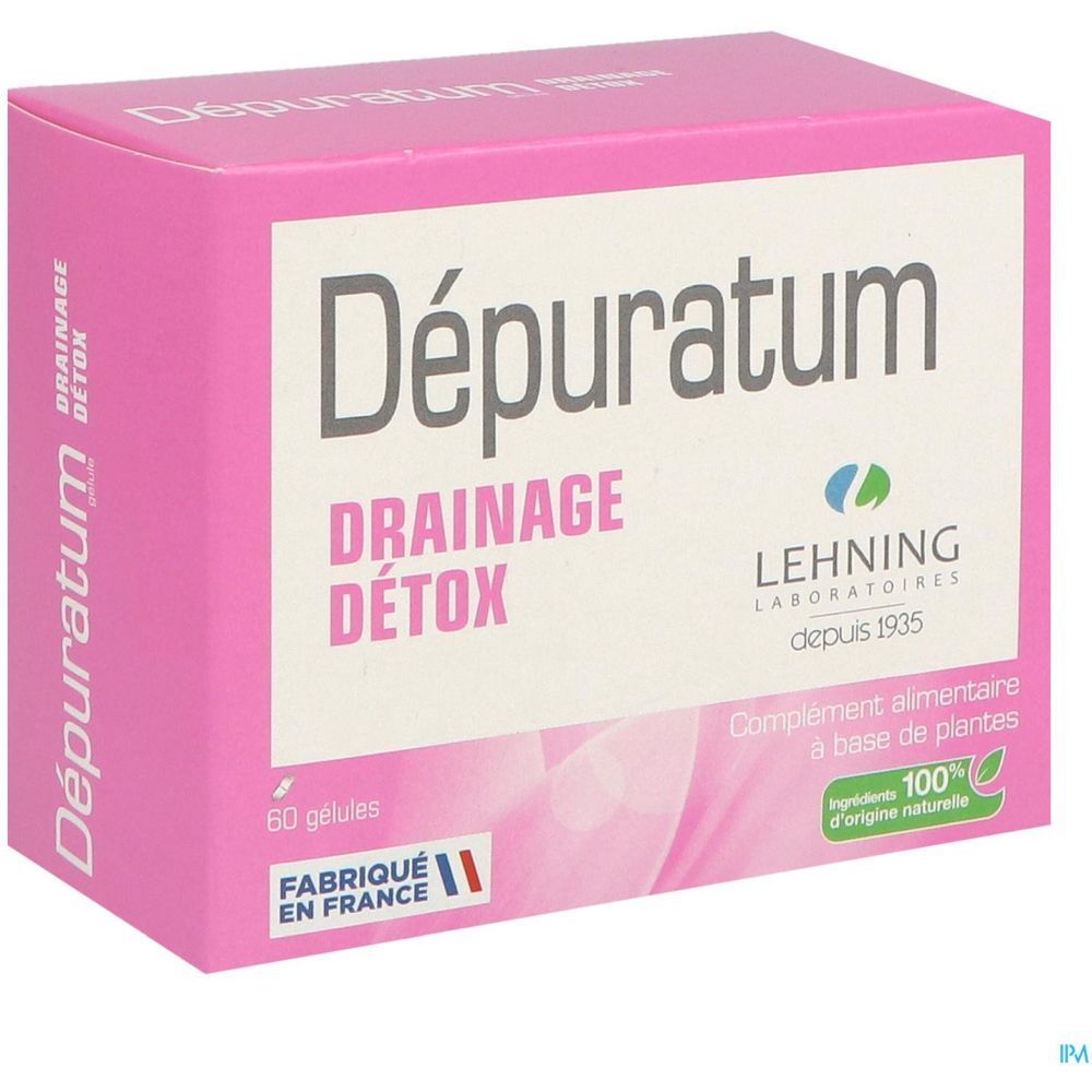 Boîte rose avec texte blanc. Inscription: Dépuratum, Drainage Détox, 60 gélules. Marque: Lehning. Fabriqué en France. Ingrédients naturels.