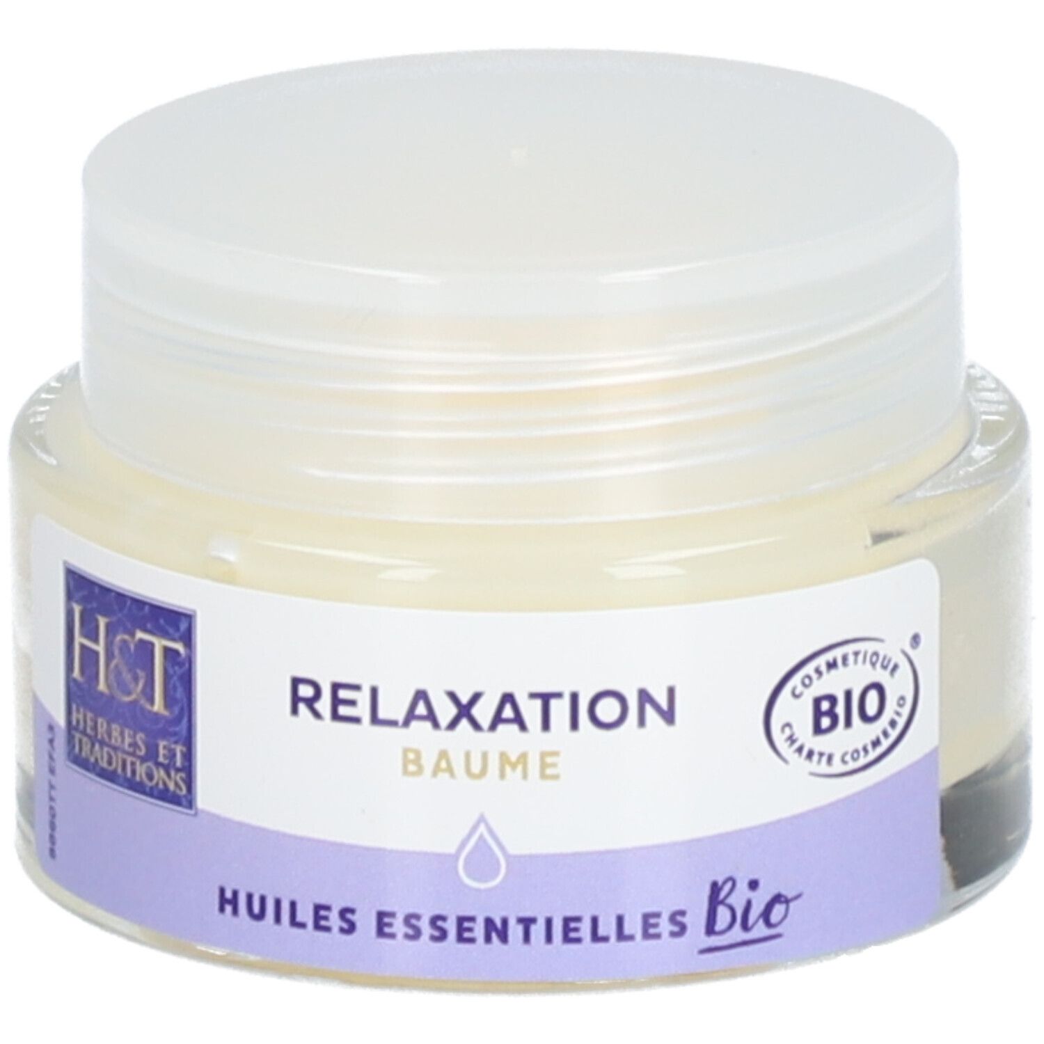 Pot en verre avec couvercle blanc. Étiquette : Relaxation Baume, Huiles essentielles Bio. Label Bio.