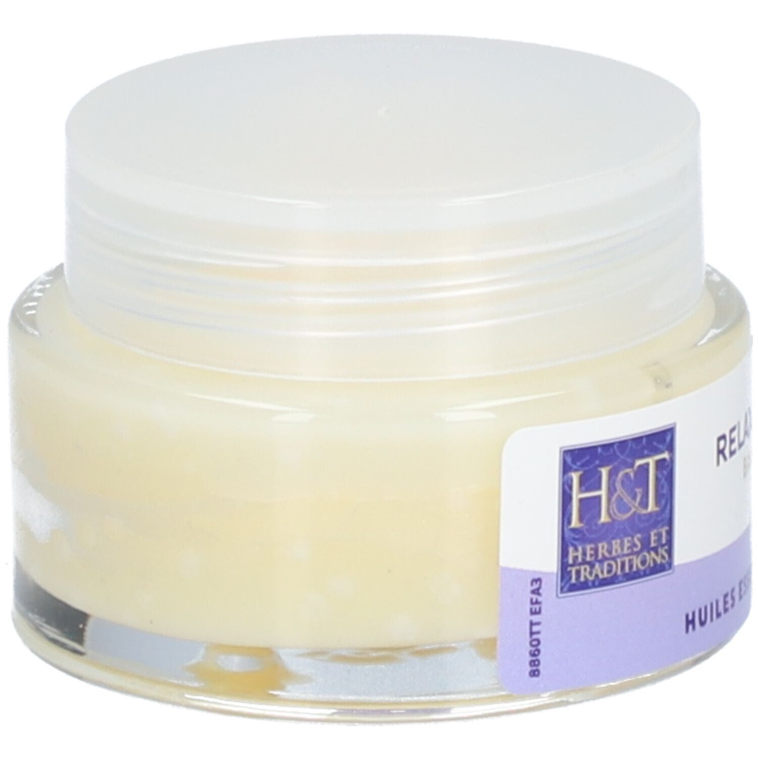 Pot en verre avec couvercle blanc. Étiquette : Relaxation Baume, Huiles essentielles Bio. Label Bio.