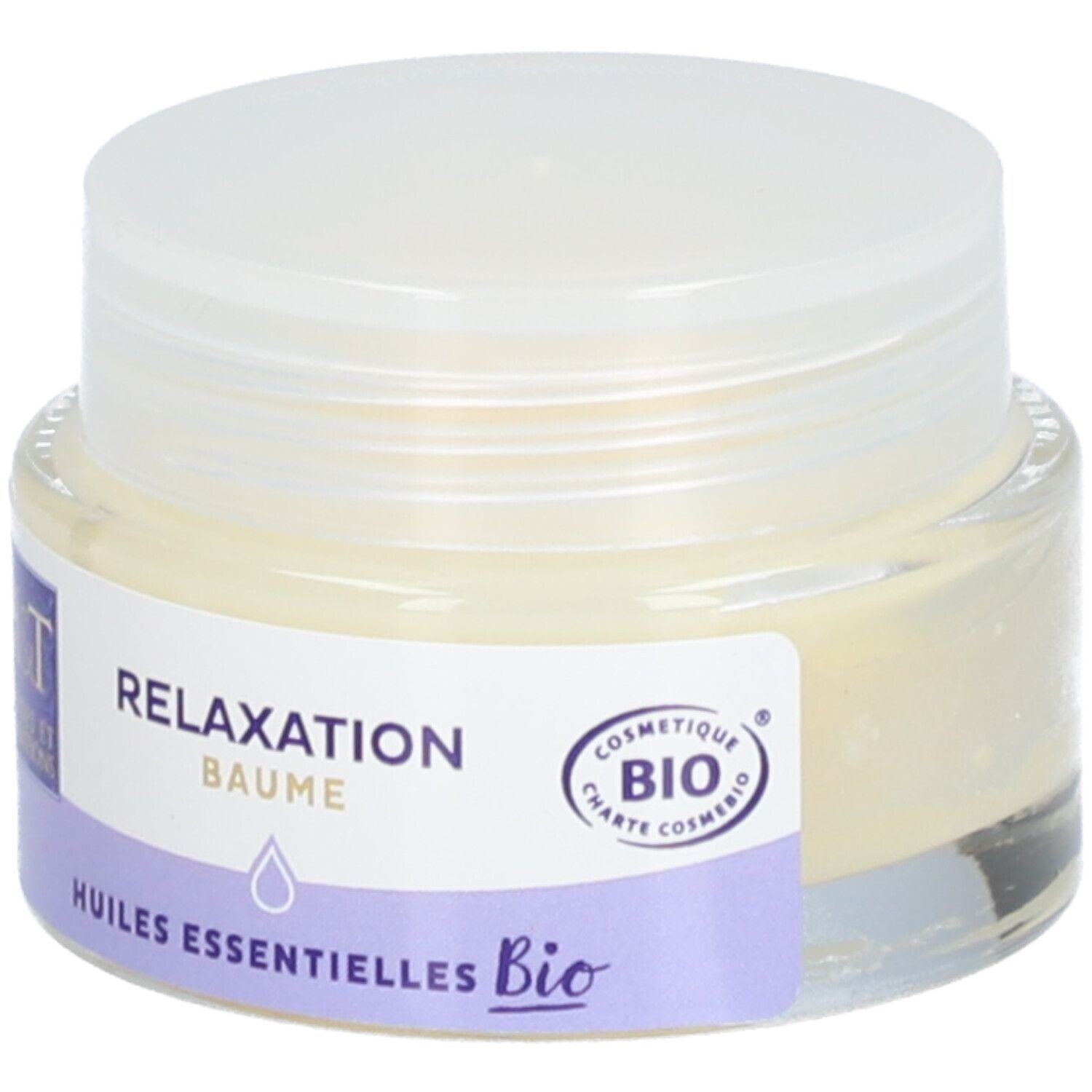 Pot en verre avec couvercle blanc. Étiquette : Relaxation Baume, Huiles essentielles Bio. Label Bio.