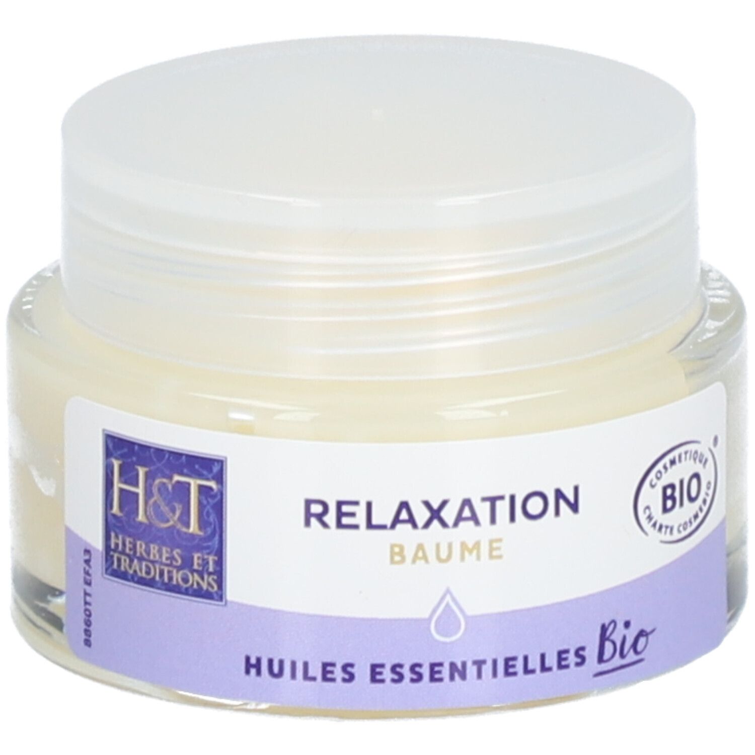 Pot en verre avec couvercle blanc. Étiquette : Relaxation Baume, Huiles essentielles Bio. Label Bio.