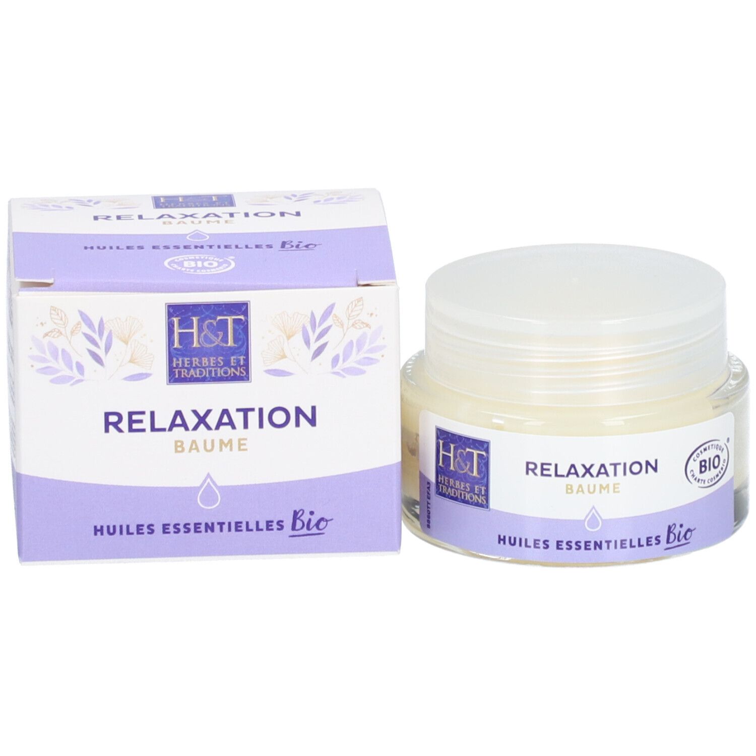 Pot en verre et carton. Pot avec couvercle blanc. Carton : Relaxation Baume, Huiles essentielles Bio. Label Bio.