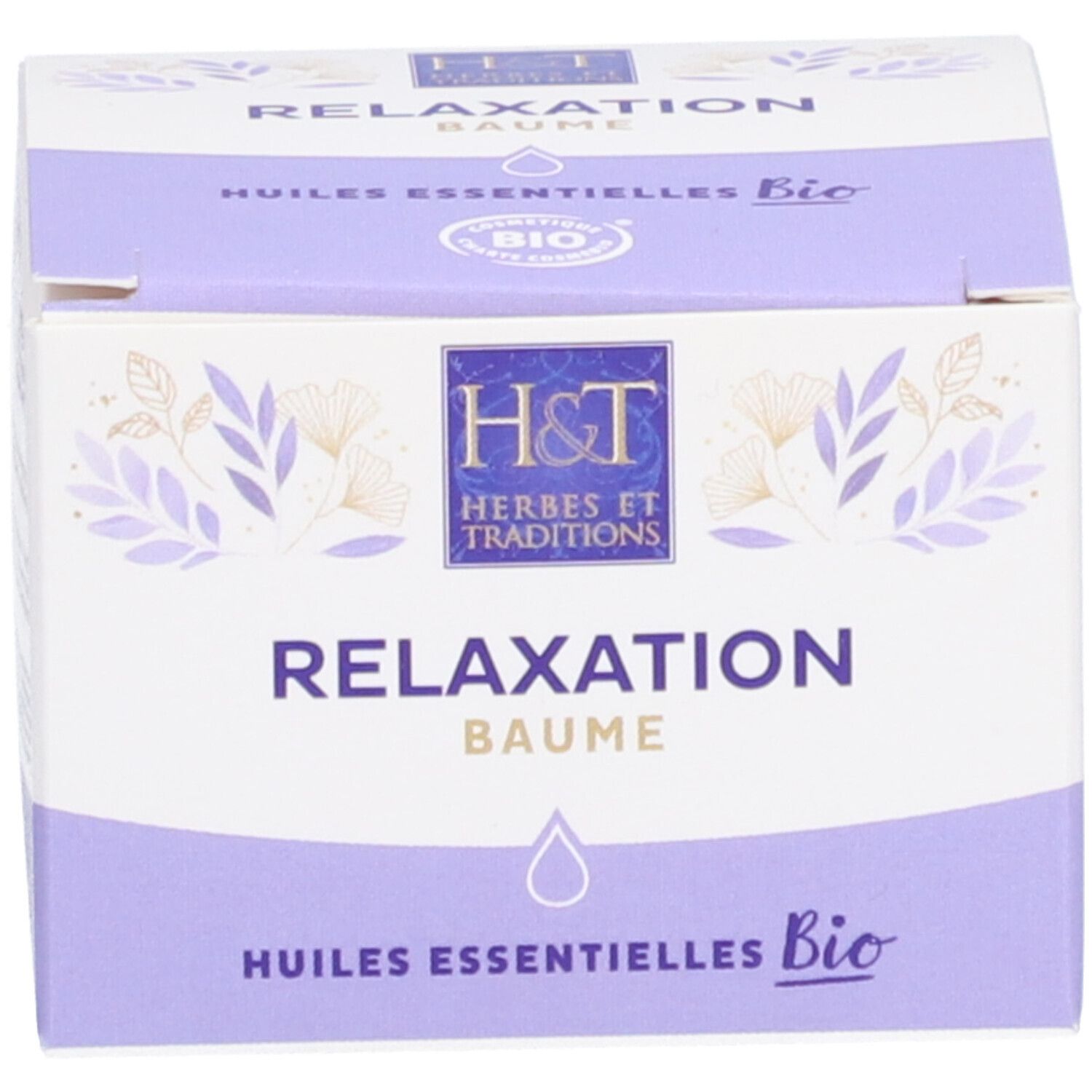 Carton avec texte : Relaxation Baume, Huiles essentielles Bio. Label Bio. Logo.