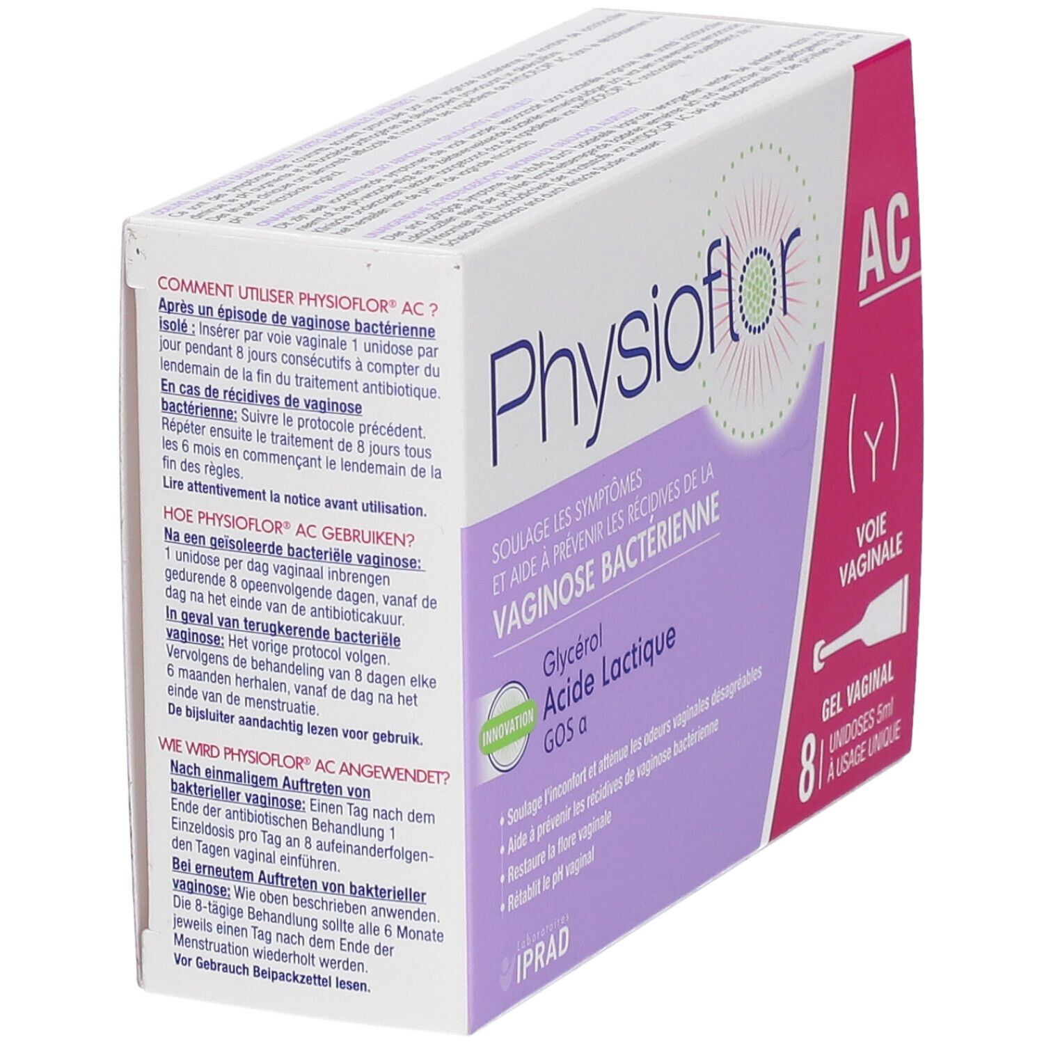 Boîte Physioflor AC Gel vaginal, en biais. Texte : 'Voie vaginale', '8 unidoses'.