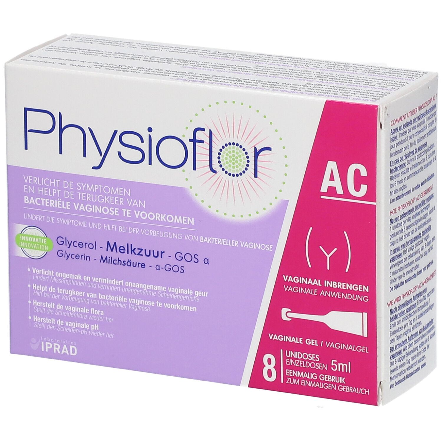 Boîte Physioflor AC Gel vaginal. Contient 8 unidoses. Inscription : 'Voie vaginale'.