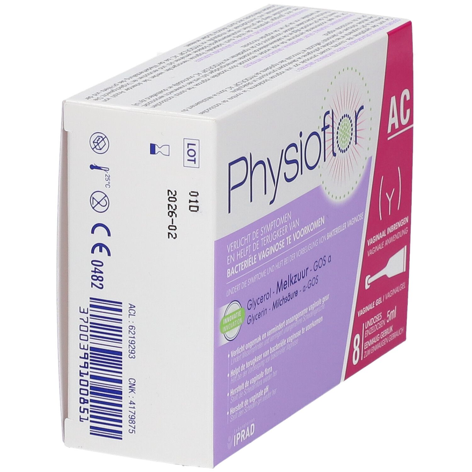 Boîte Physioflor AC Gel vaginal, en biais. Contient 8 unidoses. Inscription : 'Voie vaginale'.