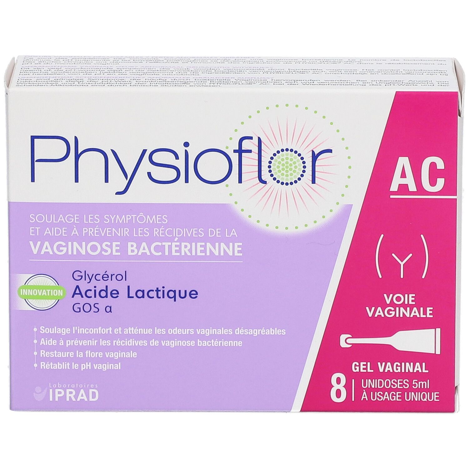 Boîte de Physioflor AC Gel vaginal. Contient 8 unidoses. Inscription : 'Voie vaginale'.