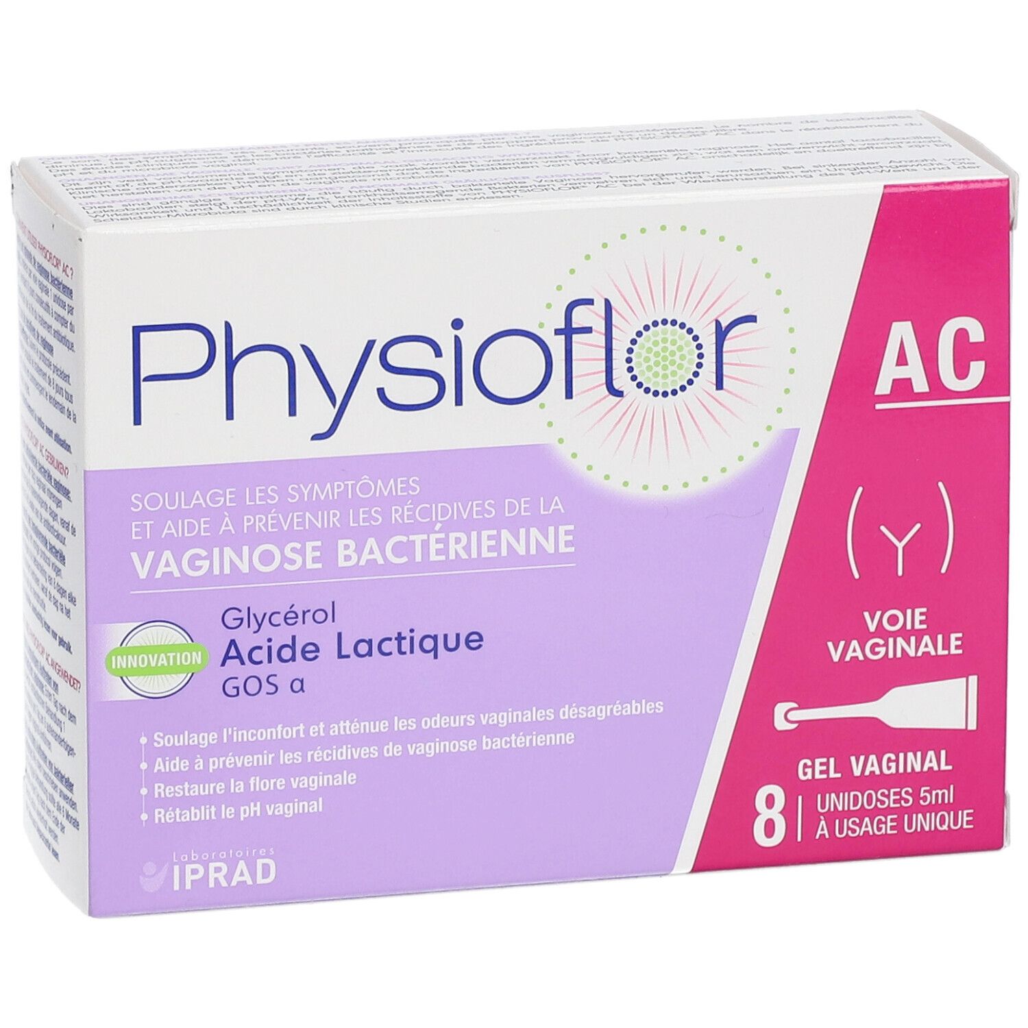 Boîte de Physioflor AC Gel vaginal. Contient 8 unidoses. Inscription : 'Voie vaginale'.