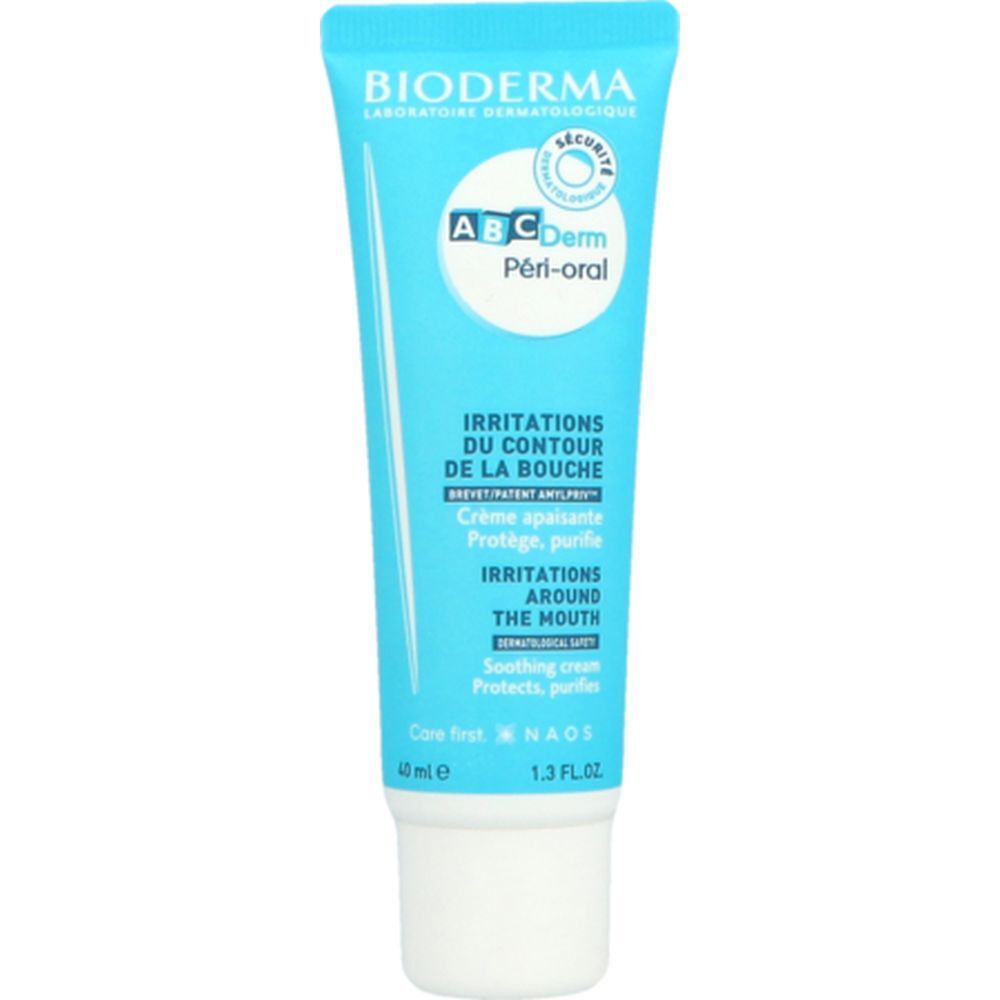 Tube bleu clair avec bouchon blanc. Inscription: BIODERMA, ABCDerm Péri-oral. Texte: Irritations du contour de la bouche, crème apaisante.