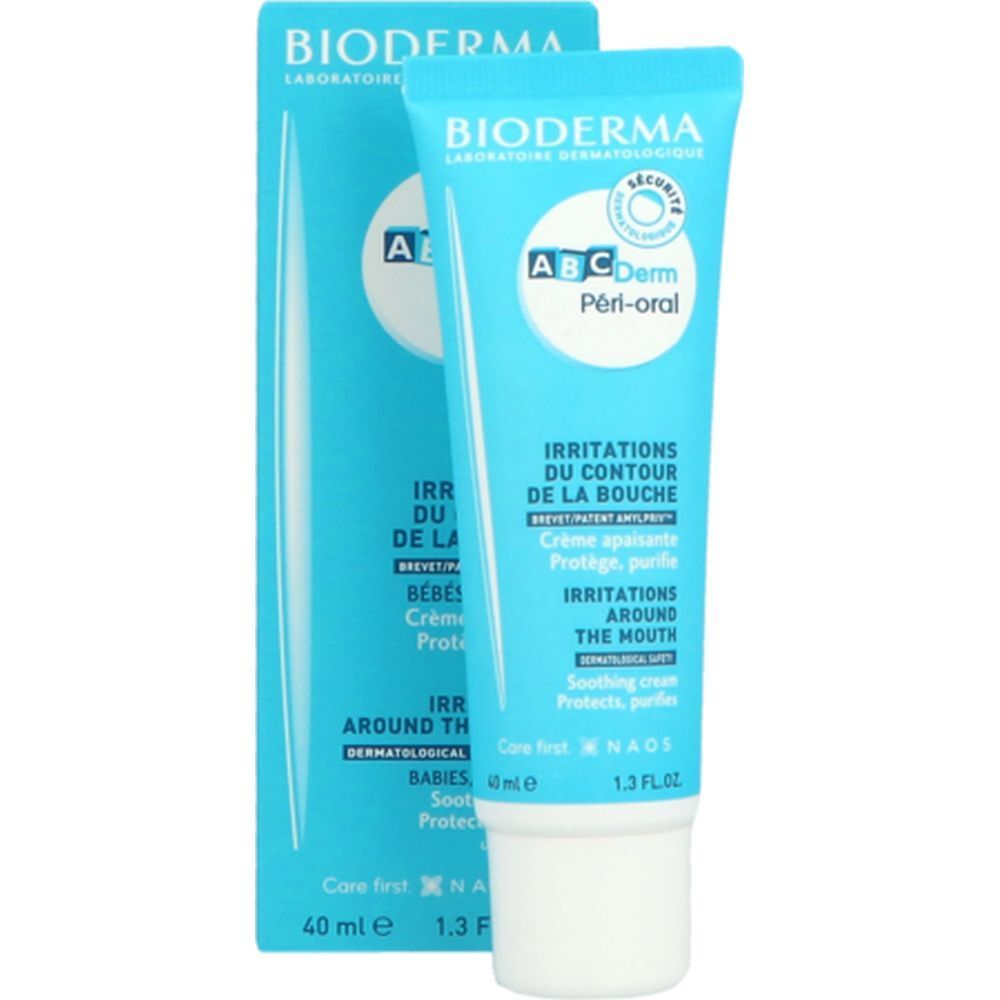 Tube et boîte bleus clairs. Inscription: BIODERMA, ABCDerm Péri-oral. Texte: Irritations du contour de la bouche, crème apaisante. 40 ml.