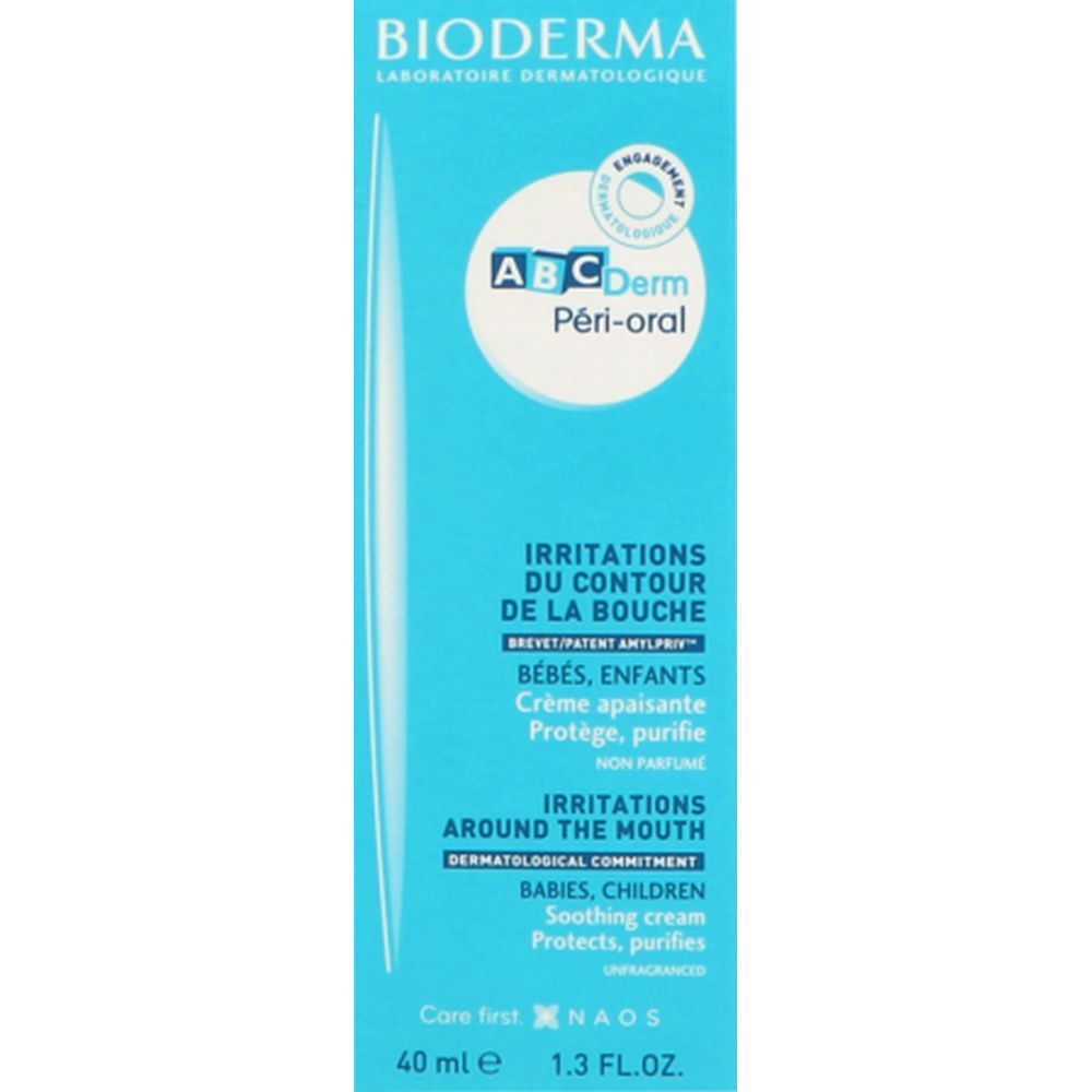 Boîte bleu clair. Inscription: BIODERMA, ABCDerm Péri-oral. Texte: Irritations du contour de la bouche, crème apaisante. Pour bébés et enfants.