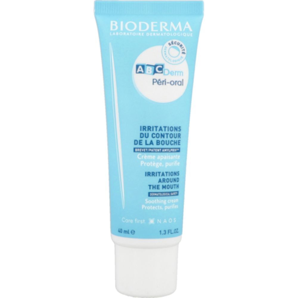 Tube bleu clair avec bouchon blanc. Inscription: BIODERMA, ABCDerm Péri-oral. Texte: Irritations du contour de la bouche, crème apaisante.