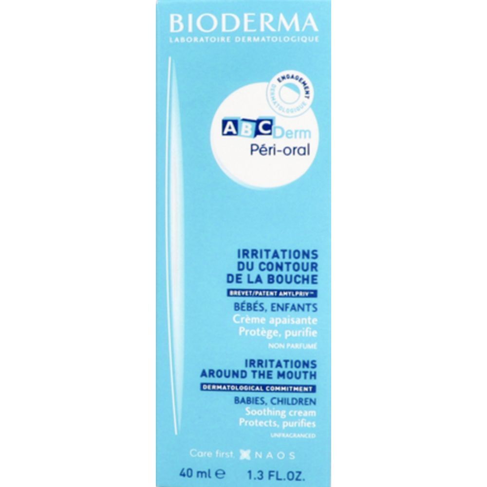 Boîte bleu clair. Inscription: BIODERMA, ABCDerm Péri-oral. Texte: Irritations du contour de la bouche, crème apaisante. Pour bébés et enfants.