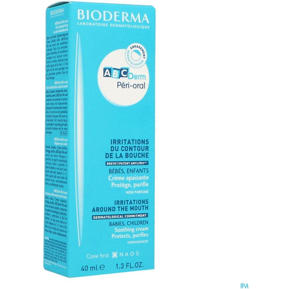 Boîte bleu clair. Inscription: BIODERMA, ABCDerm Péri-oral. Texte: Irritations du contour de la bouche, crème apaisante. Pour bébés et enfants.