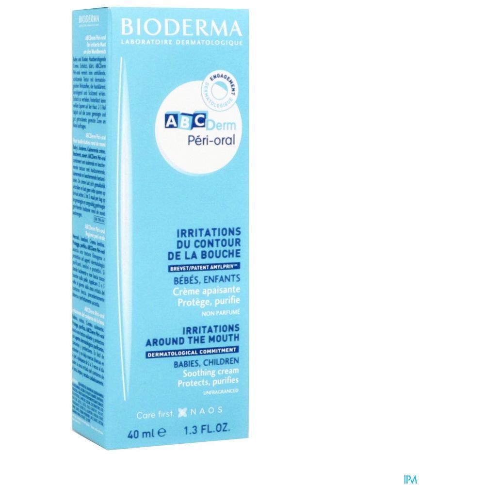 Boîte bleu clair. Inscription: BIODERMA, ABCDerm Péri-oral. Texte: Irritations du contour de la bouche, crème apaisante. Pour bébés et enfants.