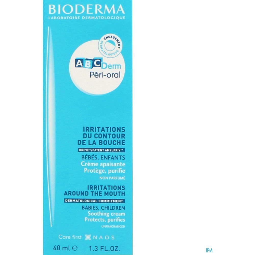 Boîte bleu clair. Inscription: BIODERMA, ABCDerm Péri-oral. Texte: Irritations du contour de la bouche, crème apaisante. Pour bébés et enfants.