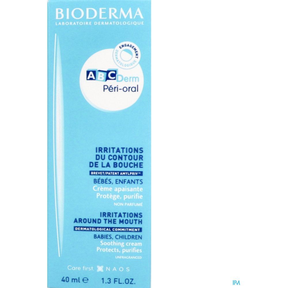 Boîte bleu clair. Inscription: BIODERMA, ABCDerm Péri-oral. Texte: Irritations du contour de la bouche, crème apaisante. Pour bébés et enfants.