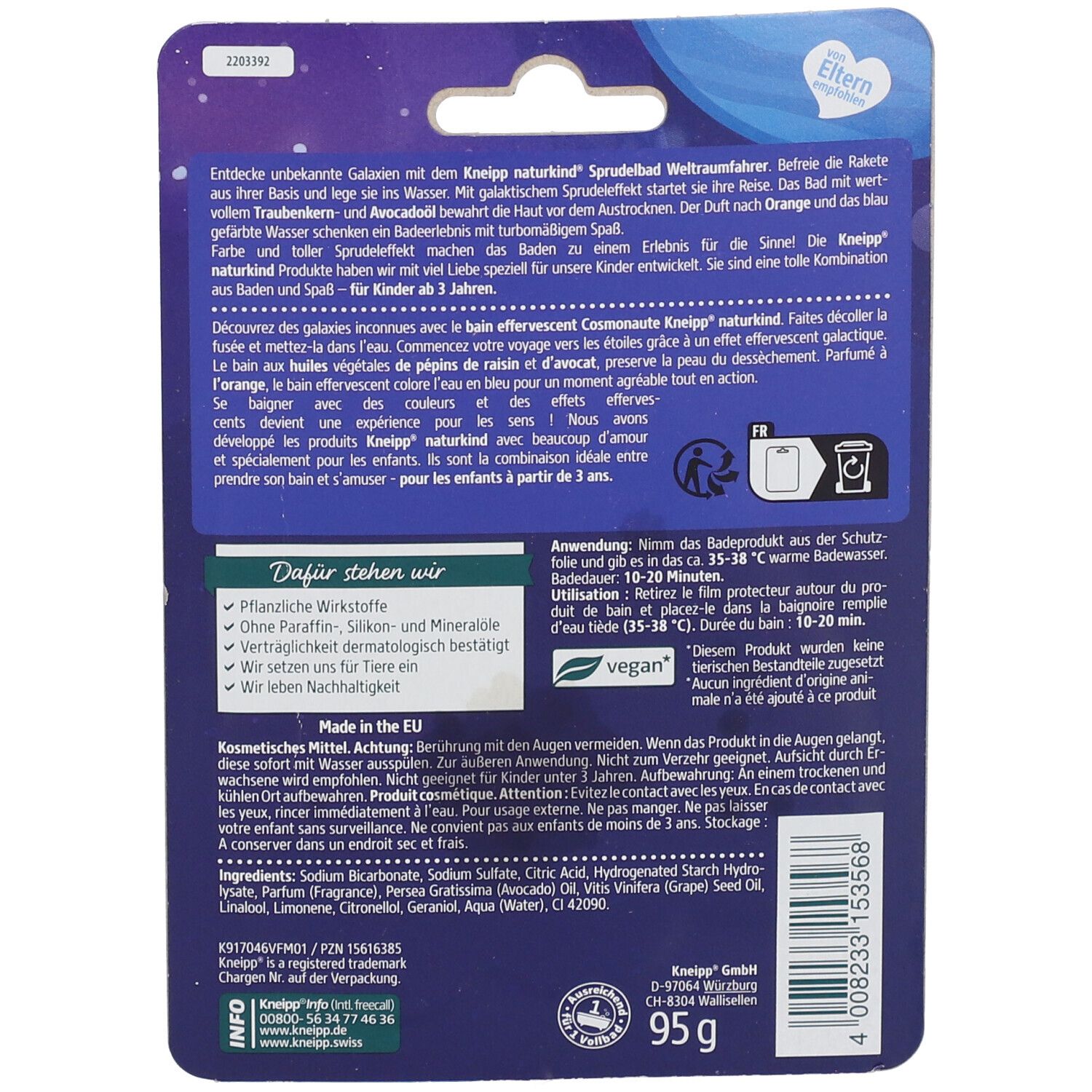 Verpackung des Kneipp® Kosmonauten-Brausebads. Rückseite mit Produktinformationen und Inhaltsstoffen. Enthält 95g.