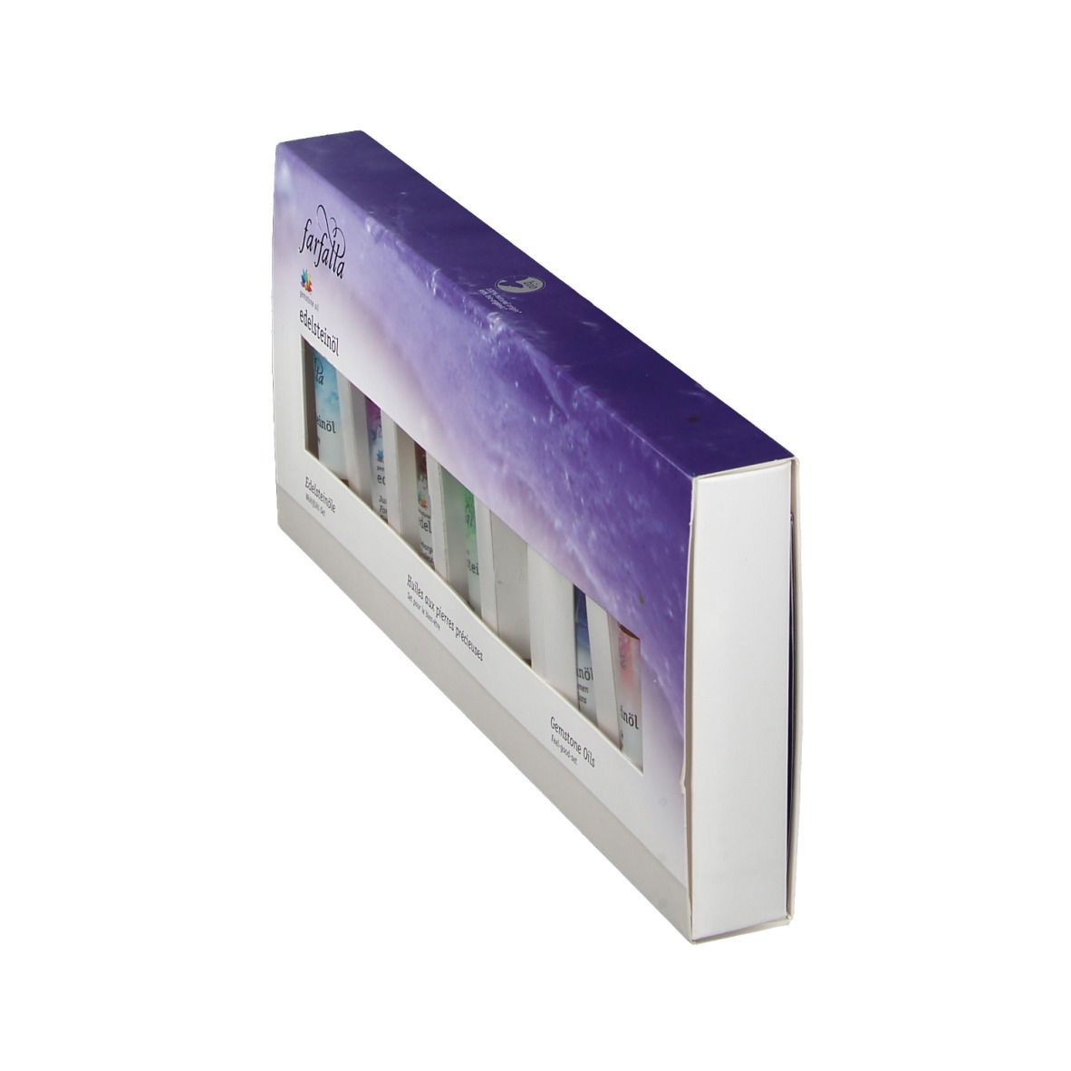 Coffret de bien-être farfalla Edelsteinöle, vue oblique. Boîte blanche avec fenêtre, six flacons. Inscriptions en allemand, français et anglais.