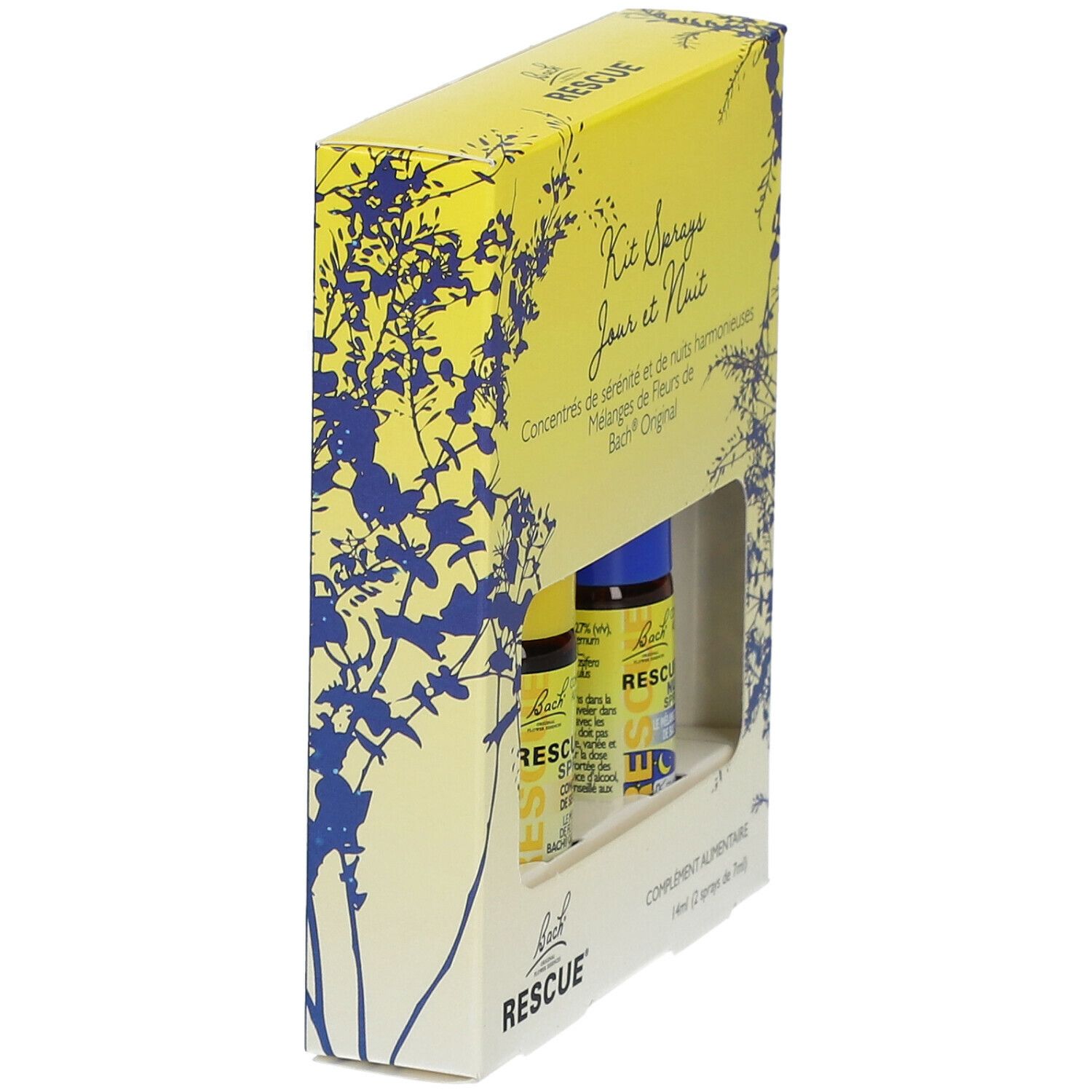 Emballage jaune avec deux sprays. Inscription: Kit Sprays Jour et Nuit. Flacons bouchons jaune et bleu.