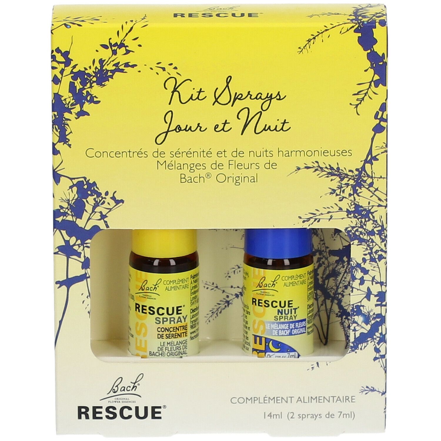 Kit de sprays Jour et Nuit dans un emballage jaune. Deux flacons, bouchons jaune et bleu. Inscription: Bach Rescue.