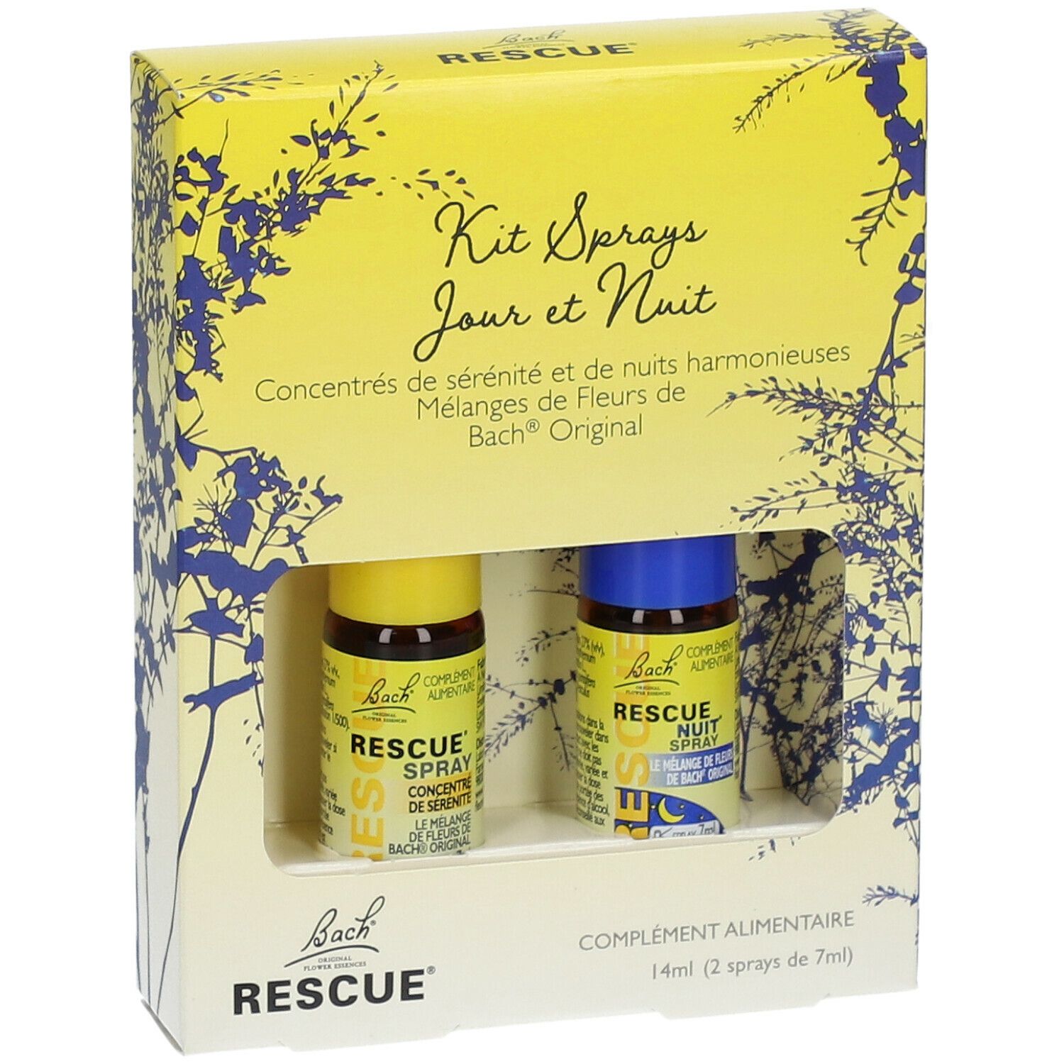 Kit de sprays Jour et Nuit dans un emballage jaune. Deux flacons, bouchons jaune et bleu. Inscription: Bach Rescue.