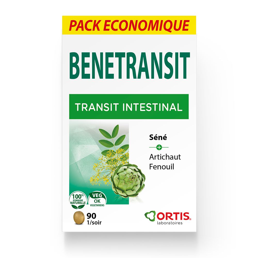 Boîte blanche "BENETRANSIT" et "PACK ECONOMIQUE". Contient 90 comprimés. Avec Séné, Artichaut et Fenouil. Logo Ortis.
