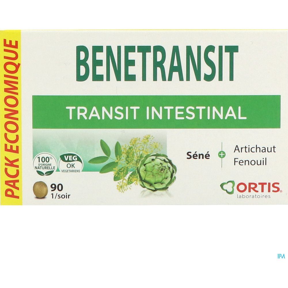 Boîte blanche "BENETRANSIT" et "PACK ECONOMIQUE". Contient 90 comprimés. Avec Séné, Artichaut et Fenouil. Logo Ortis.