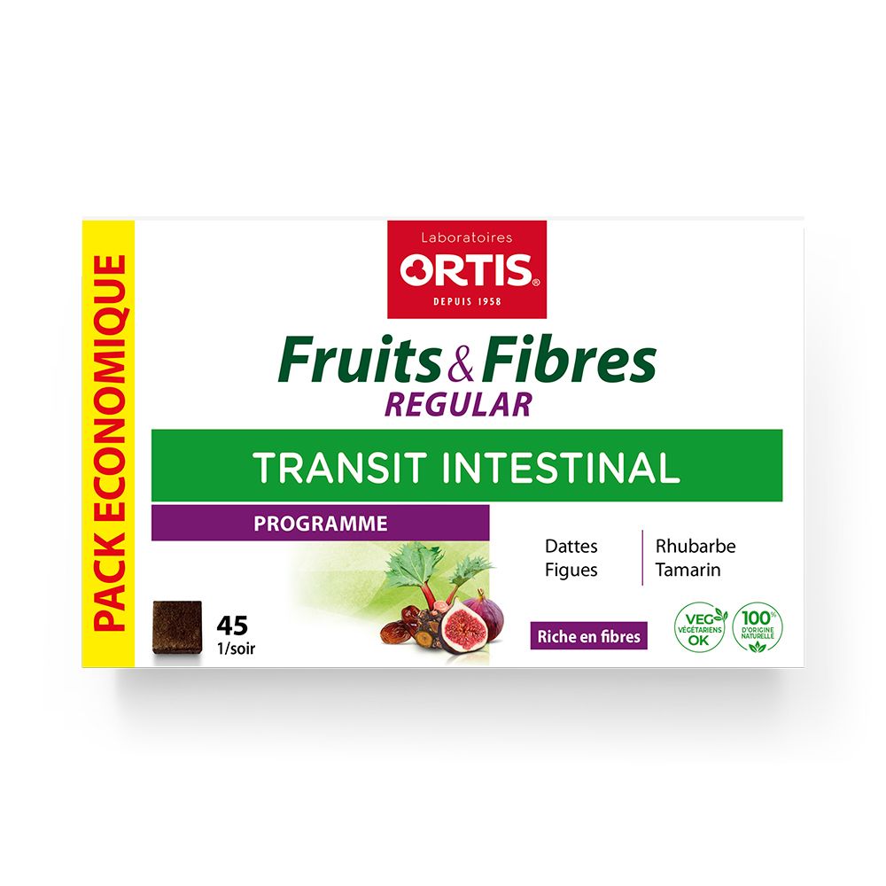 Boîte de Fruits & Fibres Regular. Contient 45 cubes. Inscription : Transit Intestinal, rhubarbe, figues, dattes, tamarin.