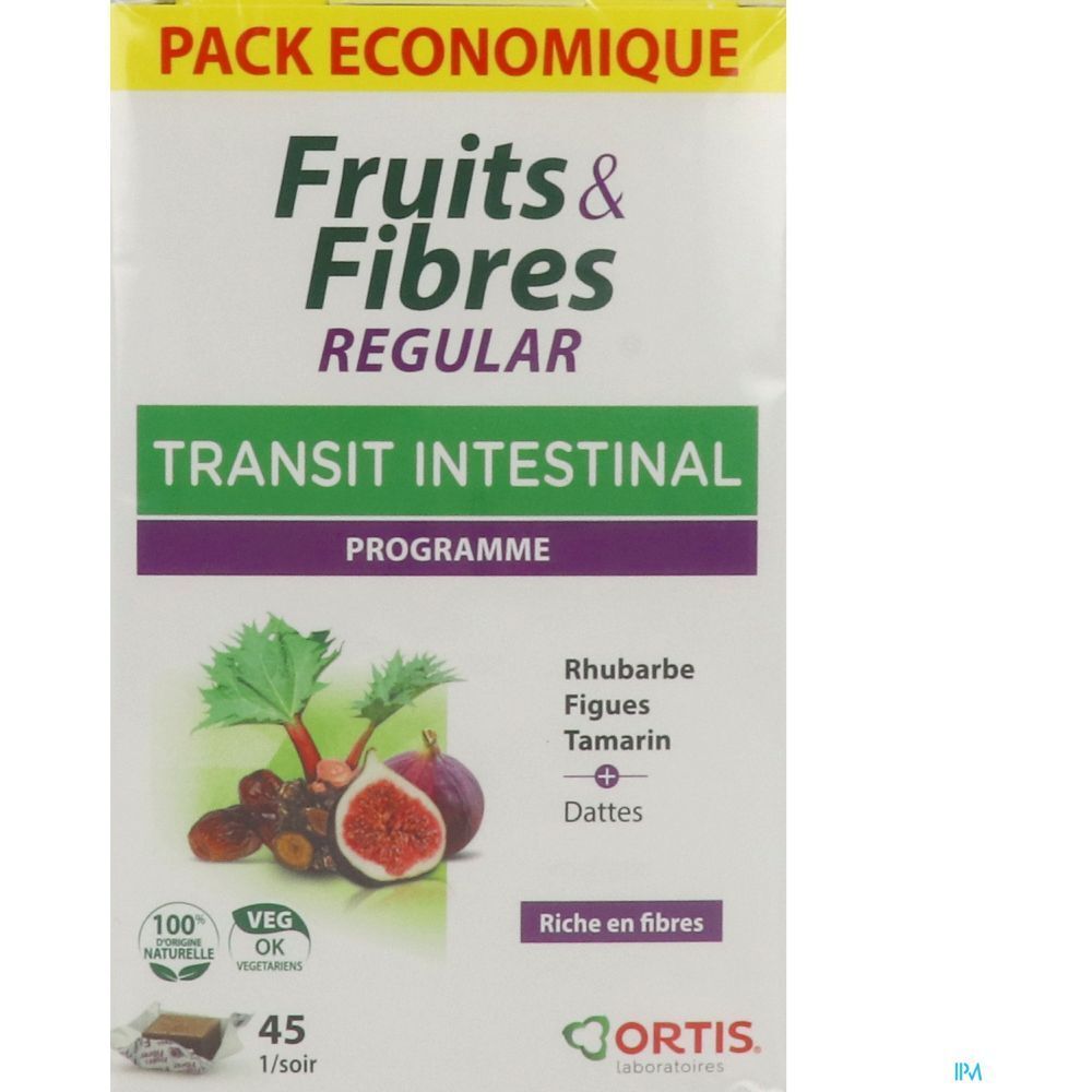Boîte de Fruits & Fibres Regular. Contient 45 cubes. Inscription : Transit Intestinal, rhubarbe, figues, dattes, tamarin.