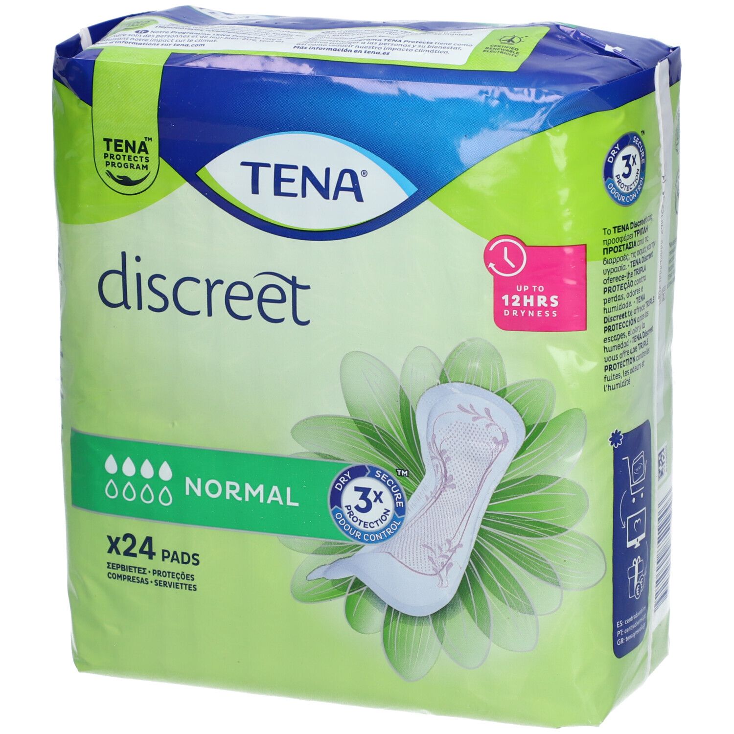 Paquet de TENA Discreet Normal. 24 serviettes. Inscription: Normal, 3x protection, jusqu'à 12h de sécheresse.