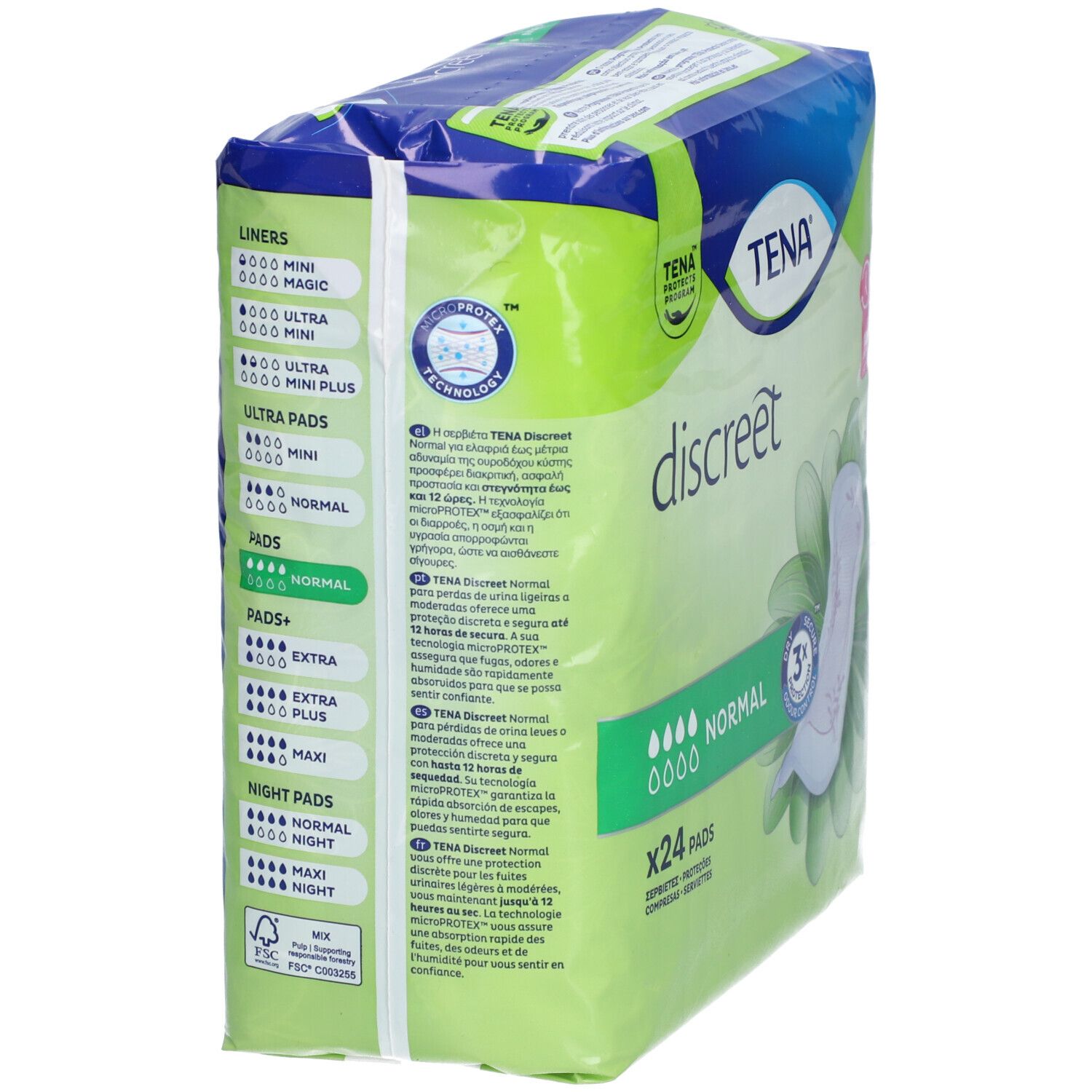 Paquet TENA Discreet. Inscription: Normal, 24 pièces. Aperçu des produits sur le côté. Emballage vert et bleu.