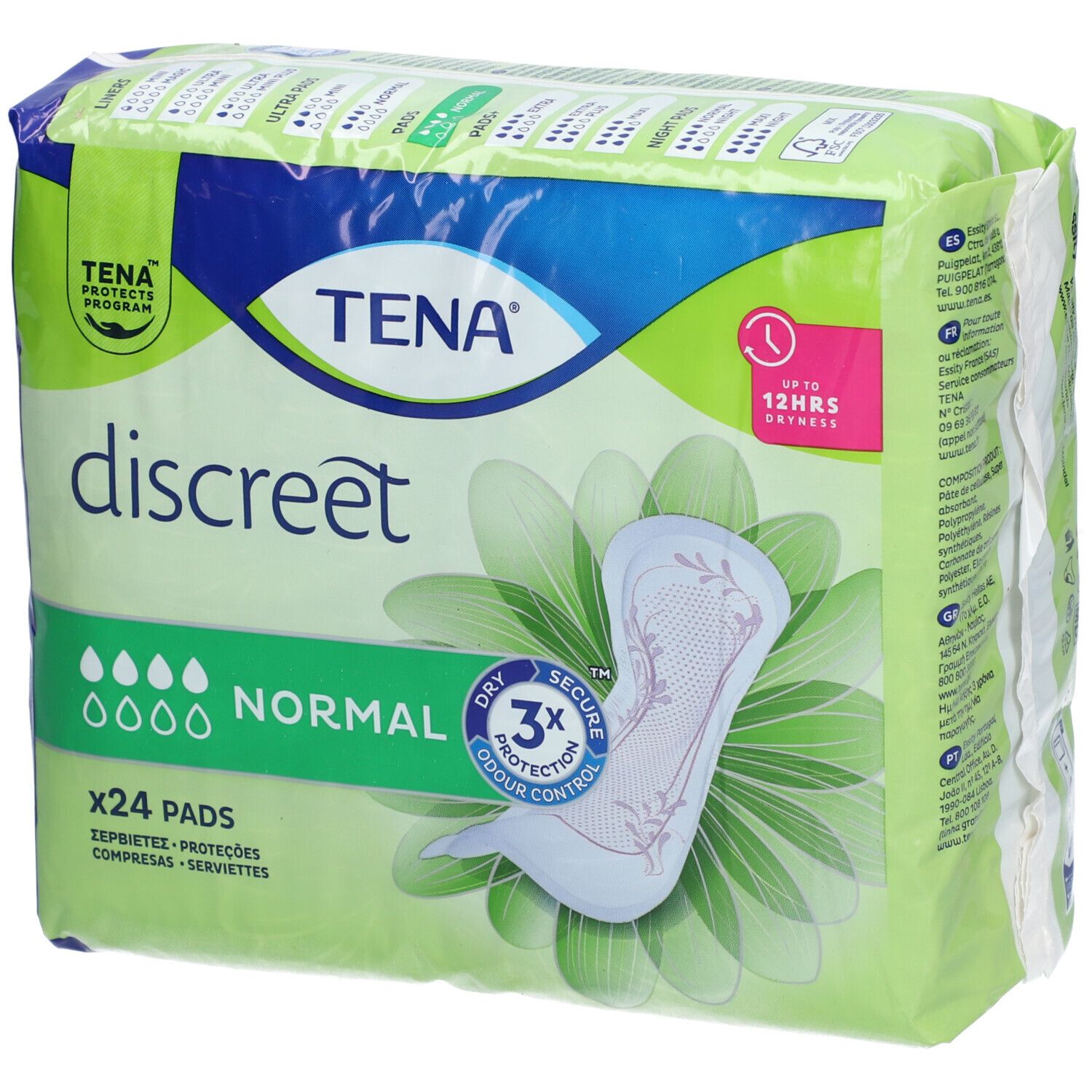 Paquet TENA Discreet Normal. 24 pièces. Inscription: Normal, 3x protection, jusqu'à 12h de sécheresse. Emballage vert et blanc.