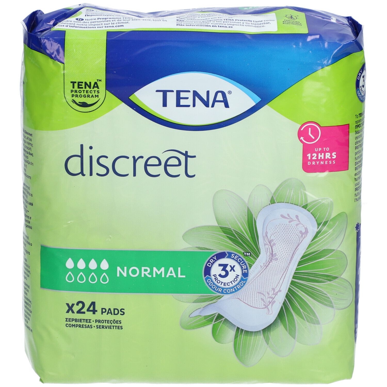 Paquet TENA Discreet Normal. 24 pièces. Inscription: Normal, 3x protection, jusqu'à 12h de sécheresse. Emballage vert et blanc.