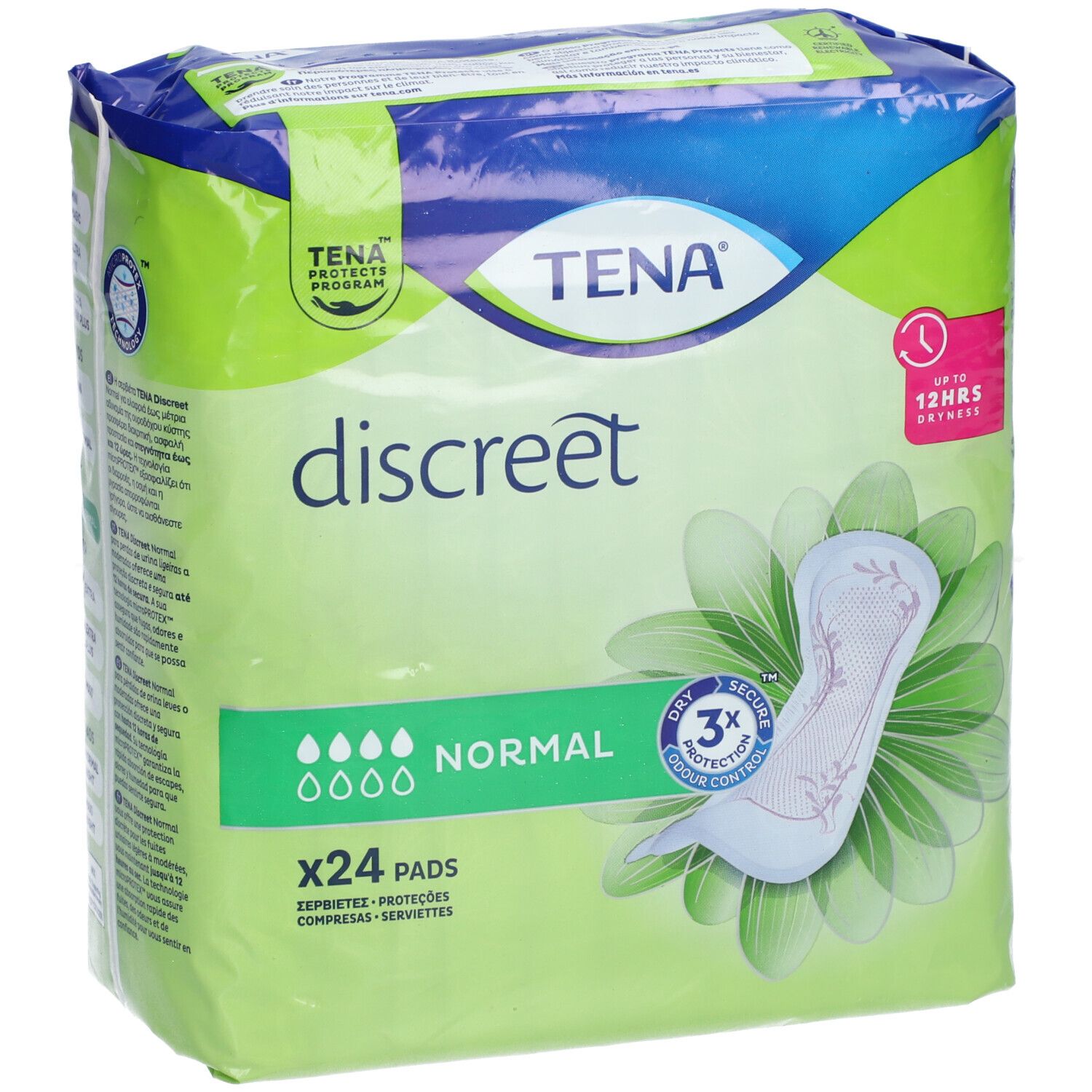 Paquet TENA Discreet Normal. 24 pièces. Inscription: Normal, 3x protection, jusqu'à 12h de sécheresse. Emballage vert et blanc.