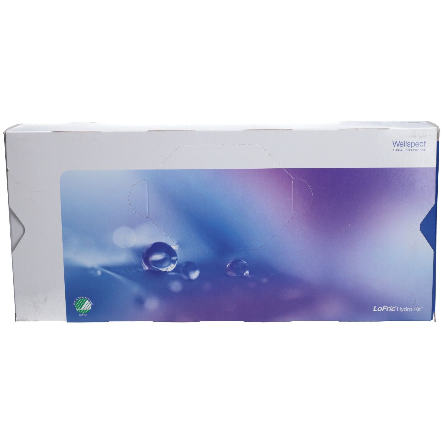 Emballage LOFRIC Hydro Kit. Logo Wellspect. Fond avec gouttes d'eau. Texte: CH16.