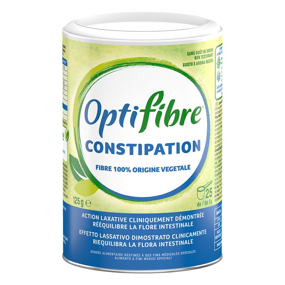OptiFibre® Constipation. Boîte de 125g. Fibres 100% végétales. Action cliniquement prouvée. Rééquilibre la flore intestinale.