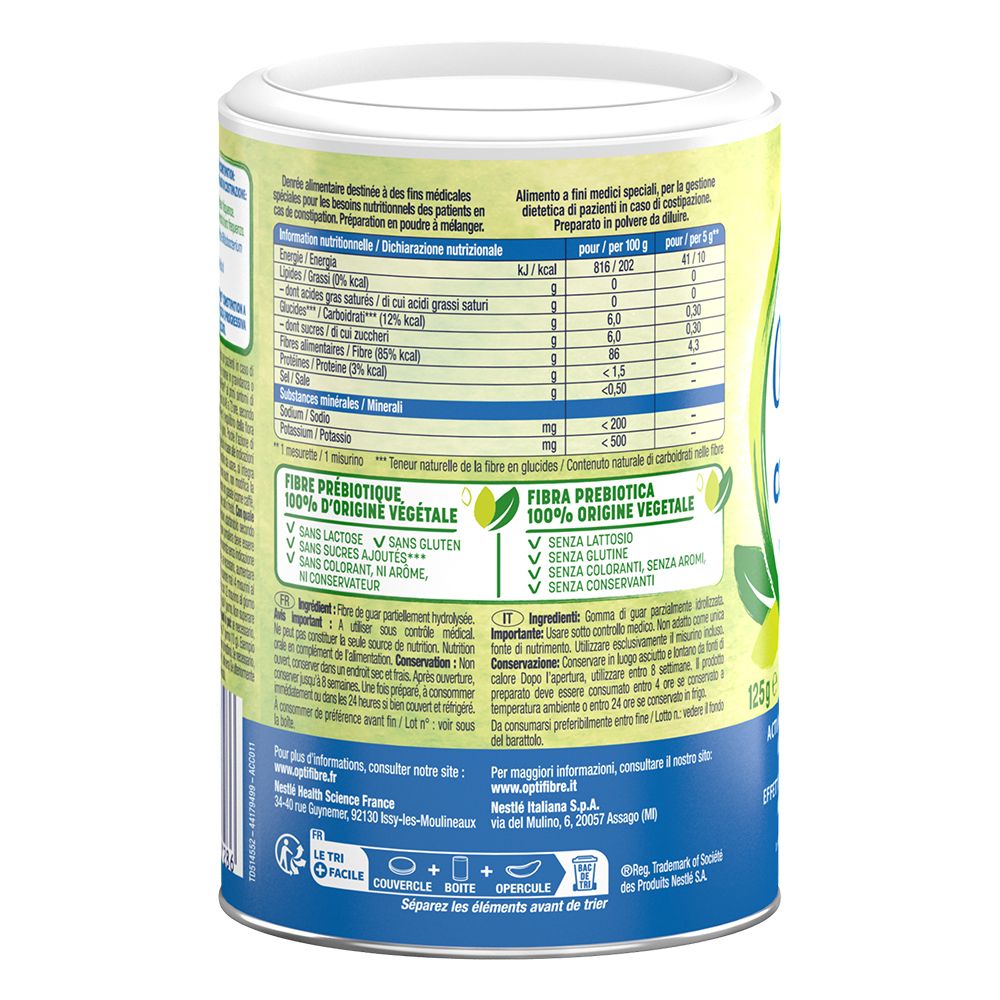 Dos de la boîte OptiFibre®. Informations nutritionnelles, ingrédients, instructions. Fibres prébiotiques 100% végétales. Sans lactose, gluten, sucre.