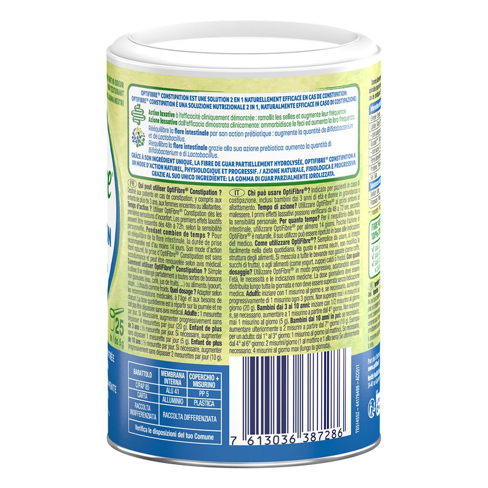 Dos de la boîte OptiFibre®. Mode d'emploi, avertissements. Informations sur l'utilisation et le dosage. Informations fabricant.