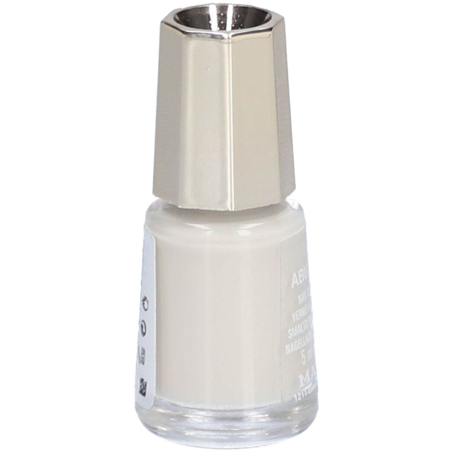 Nagellackflasche, hellgrau. Deckel silberfarben. Aufschrift: Abu Dhabi, Nail Color Cream, 5 ml. Marke: Mavala.