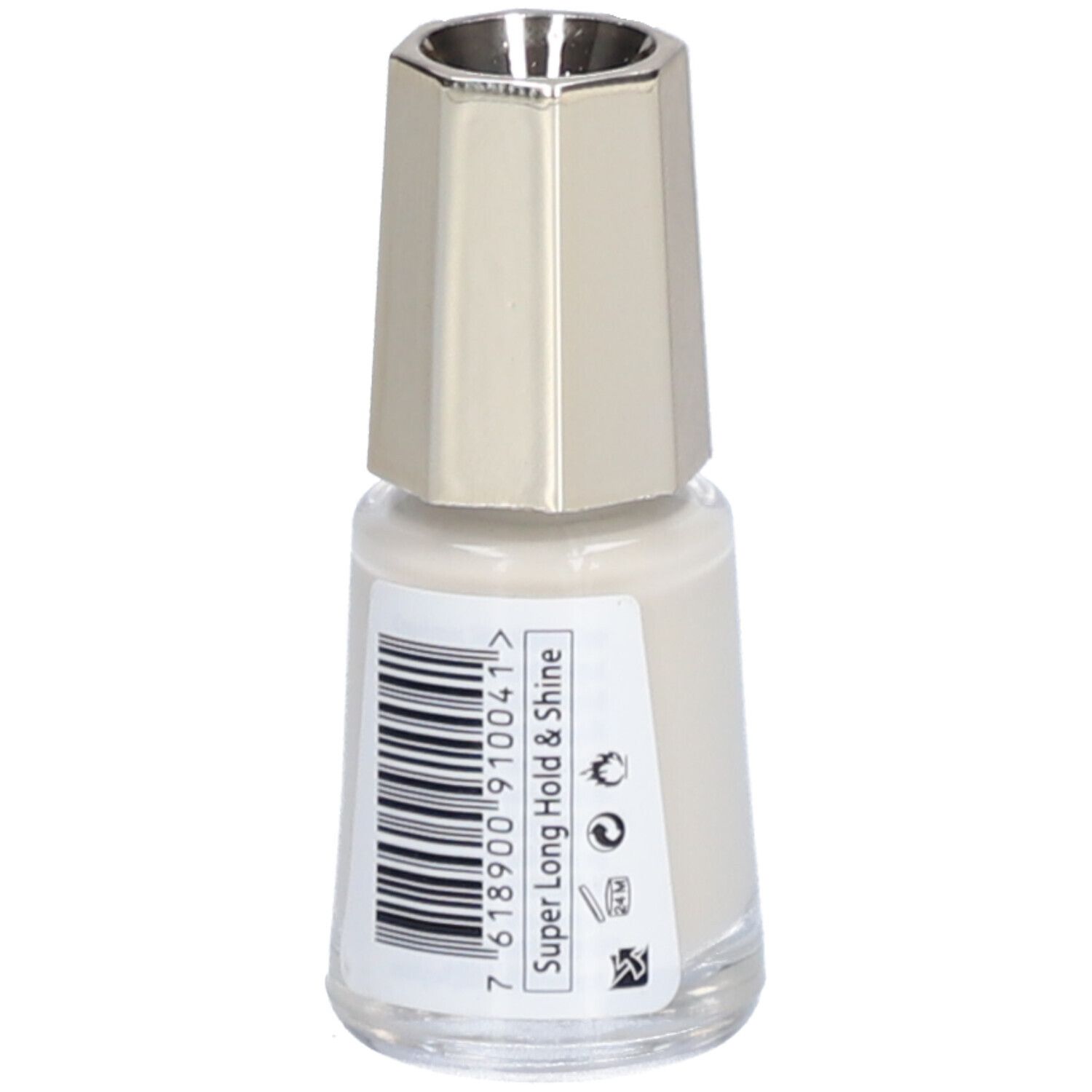 Nagellackflasche, hellgrau. Barcode und Text: Super Long Hold & Shine. Marke: Mavala.