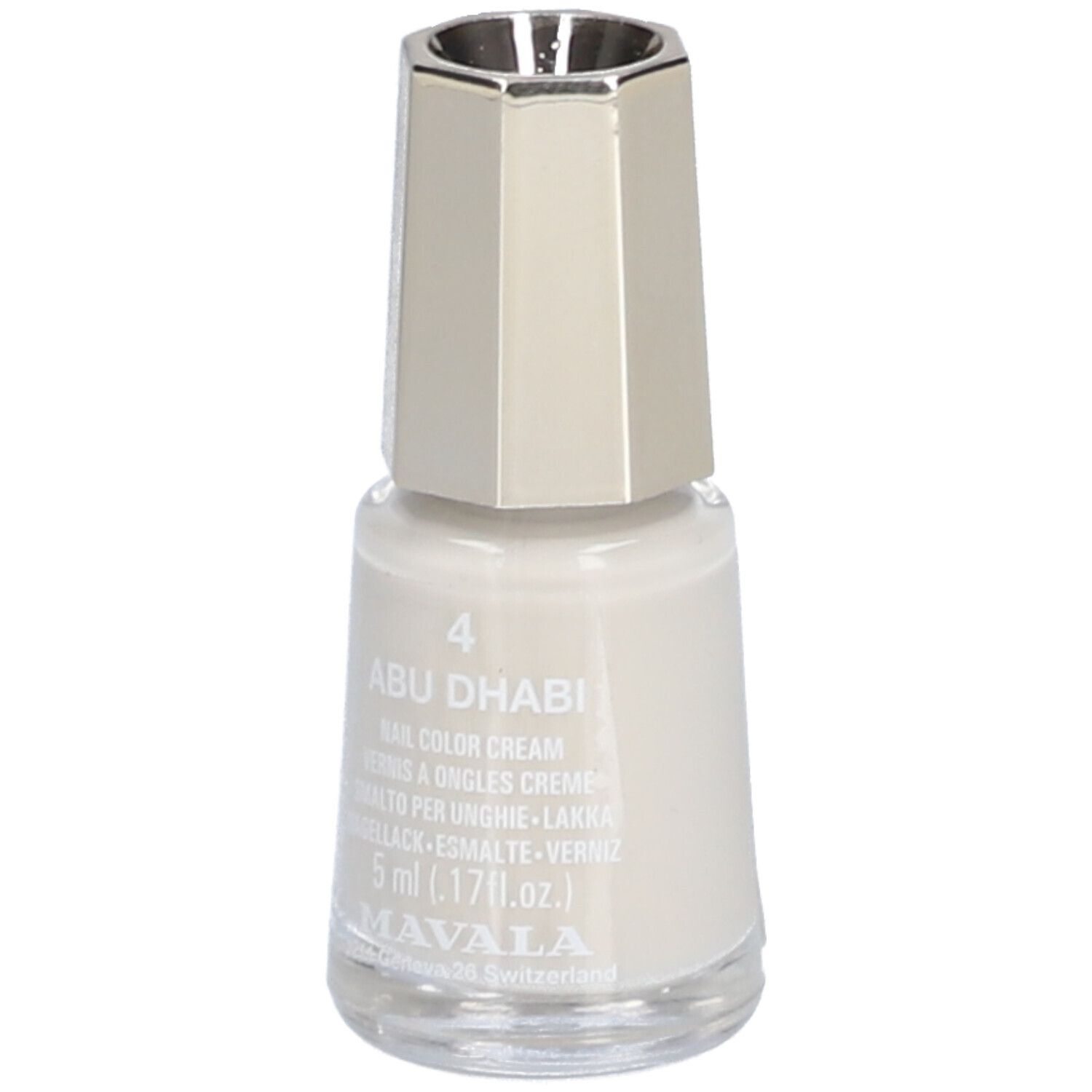 Nagellackflasche, hellgrau. Deckel silberfarben. Aufschrift: Abu Dhabi, Nail Color Cream, 5 ml. Marke: Mavala.